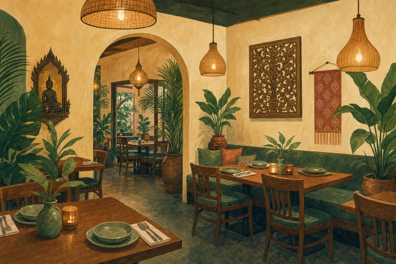 Illustration evoking a warm, plant-filled Thai restaurant dining room