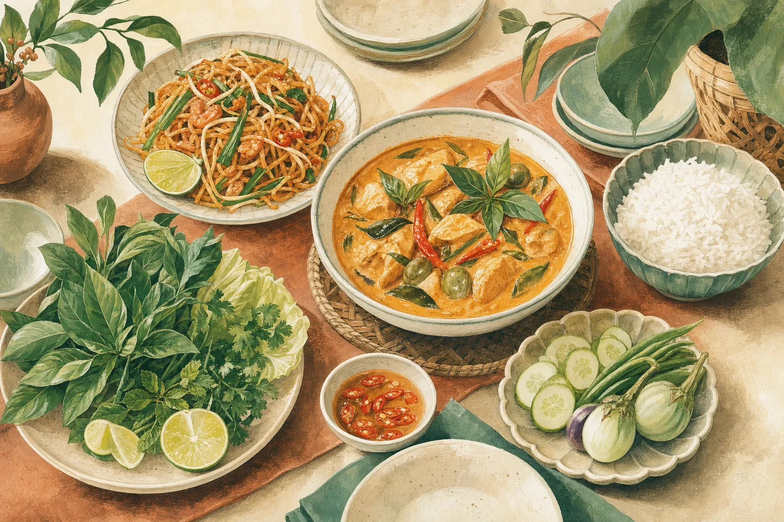 Illustration of Thai curry, noodles, rice, herbs and vegetables shared around a table