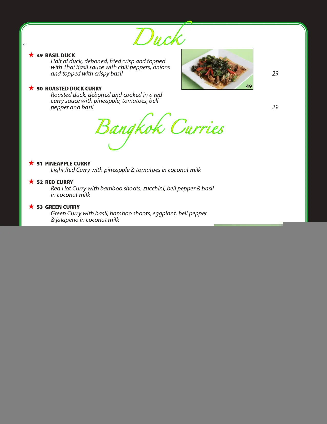 Preview of the Duck & Bangkok Curries menu page from 2023