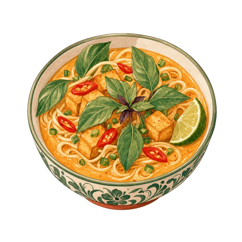 Illustration of a bowl of Thai coconut-curry noodles with basil and lime